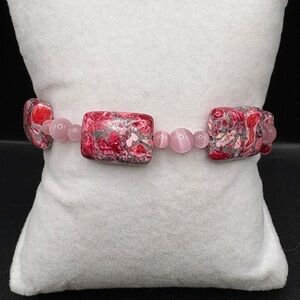 Elegant Pink and Red Beaded Bracelet with pink cat eye.  Homemade